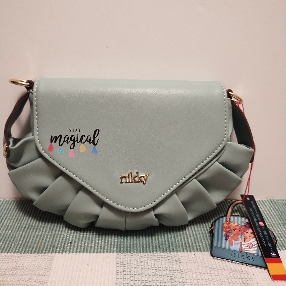 Nicole Lee Mint Green Ruffle Crossbody Bag with Multicolor Detail